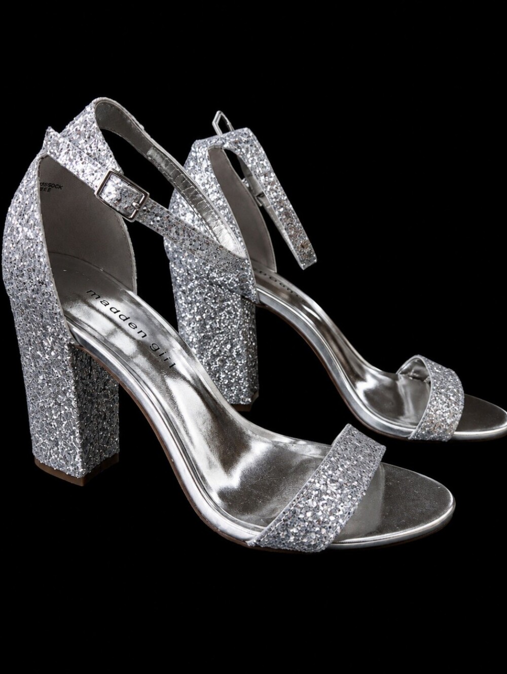 Womens Madden Girl  Silver Glitter Block Heel Ankle-Strap Sandals 8.5 Sparkle